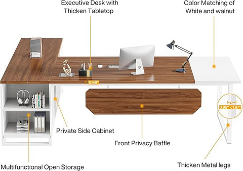 OfficeIn 70.8" L-Shaped Executive Desk with 55" File Cabinet – Large Home Office Desk with Storage, Walnut & White