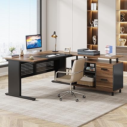 OfficeIn 63" L-Shaped Executive Desk with File Cabinet – Brown & Black Office Workstation