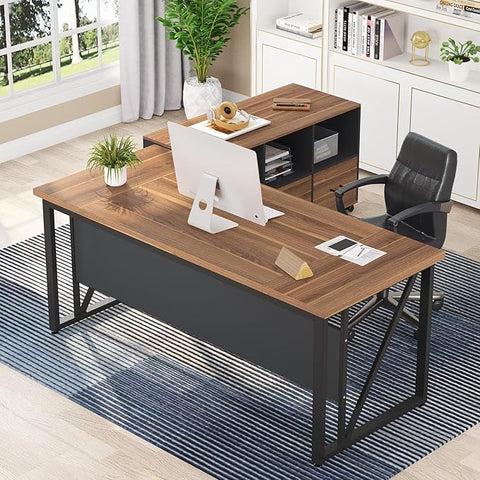 OfficeIn 63” Executive Desk & 47” Lateral File Cabinet – L-Shaped Home Office Desk with Drawers & Storage Shelves, Business Furniture, Brown & Black