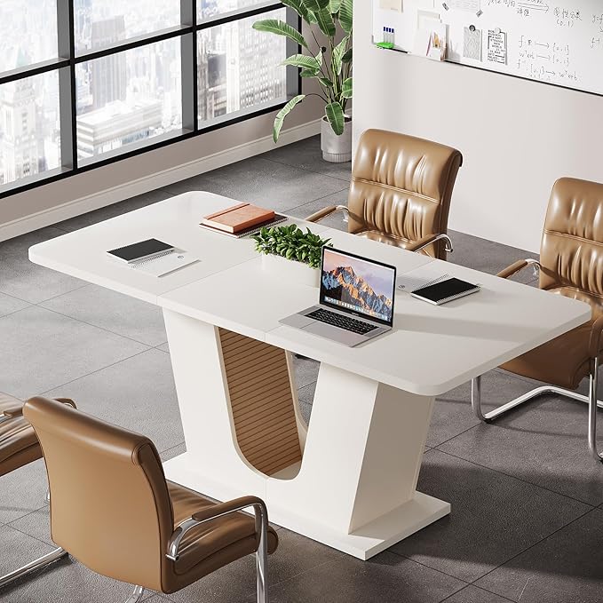 OfficeIn 55" Modern Conference Table – Rectangular Meeting Table for 4-6 People, Cream White