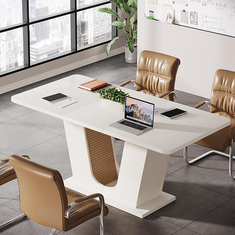 OfficeIn 55" Modern Conference Table – Rectangular Meeting Table for 4-6 People, Cream White