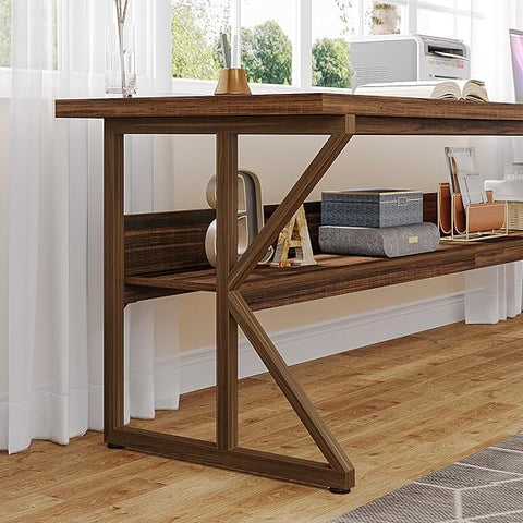 OfficeIn 79” Extra Long Double Desk – Two-Person Workstation with Storage Shelf, Spacious Writing Table for Home Office & Study (Brown)