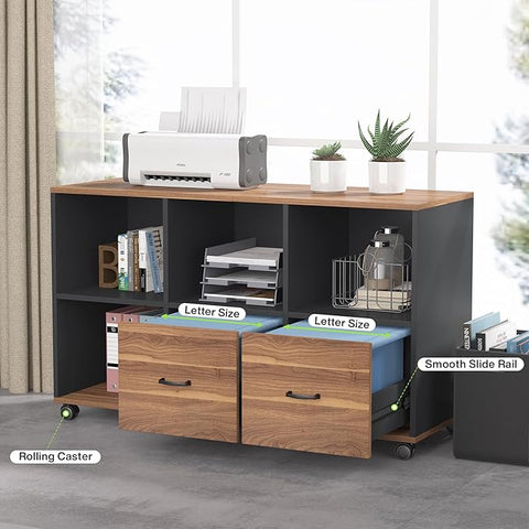 OfficeIn 63” Executive Desk & 47” Lateral File Cabinet – L-Shaped Home Office Desk with Drawers & Storage Shelves, Business Furniture, Brown & Black