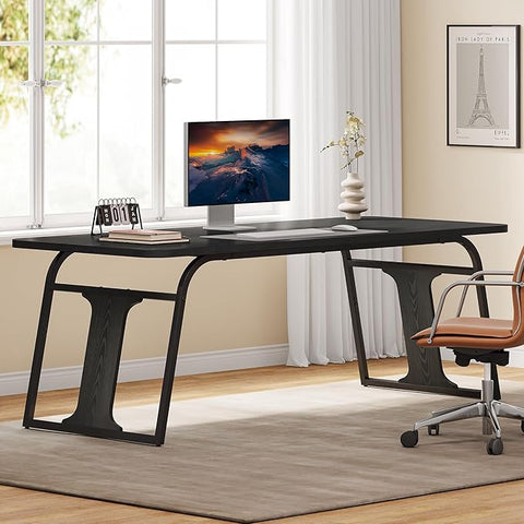 OfficeIn 63” Modern Executive Desk – Large Home Office Computer Desk with Sturdy Metal Legs, Wooden Writing Table Workstation, Black