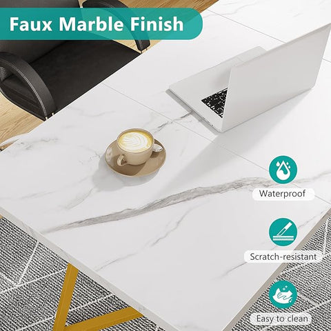 OfficeIn 55” Modern Gold Computer Desk – White & Gold Home Office Desk with Metal Legs, Faux Marble Writing Table for Small Spaces & Bedroom