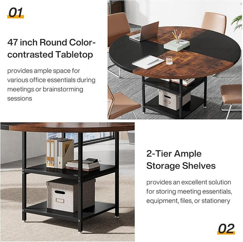 Round Conference Table – Modern Office Meeting Table for 4–6 People with Storage Shelf & Sturdy Metal Legs