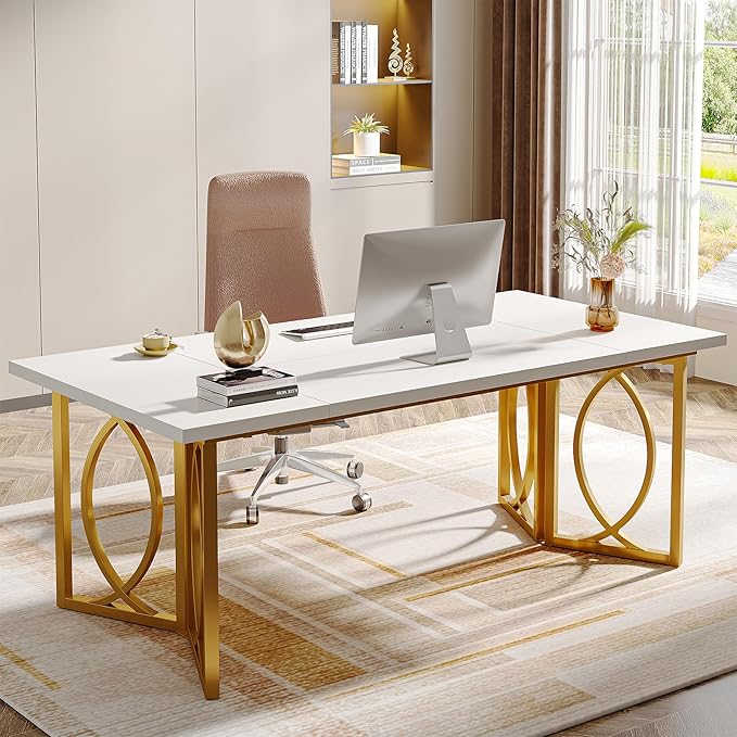 OfficeIn 70.9” Modern Home Office Desk – Large Wood Computer Desk with Gold Metal Frame, Simple Study Writing Table Workstation for Bedroom & Office, White/Gold