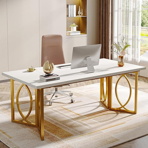 OfficeIn 70.9” Modern Home Office Desk – Large Wood Computer Desk with Gold Metal Frame, Simple Study Writing Table Workstation for Bedroom & Office, White/Gold