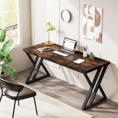 OfficeIn 55” Writing Desk – Heavy-Duty Computer Desk with Z-Shaped Metal Legs, Modern Home Office Study Table, Rustic Brown