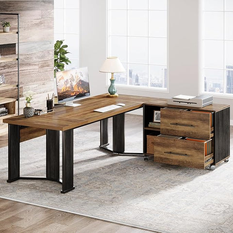 OfficeIn 70.86” L-Shaped Executive Desk with Mobile File Cabinet – Large Office Desk with Drawers & Storage Shelves, Business Workstation for Home Office, Brown & Black