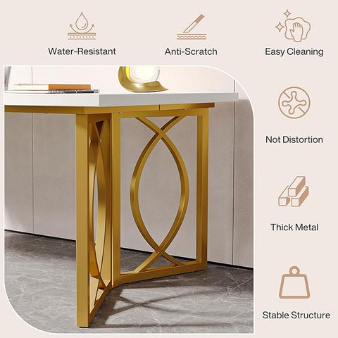 OfficeIn 70.9” Modern Home Office Desk – Large Wood Computer Desk with Gold Metal Frame, Simple Study Writing Table Workstation for Bedroom & Office, White/Gold