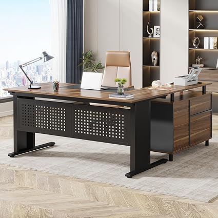 OfficeIn 63" L-Shaped Executive Desk with File Cabinet – Brown & Black Office Workstation