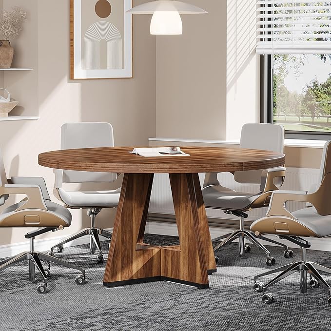 OfficeIn 47" Round Conference Table – Wooden Meeting Table for 4-6, Sturdy Base & Thick Top (Walnut)