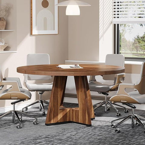 OfficeIn 47" Round Conference Table – Wooden Meeting Table for 4-6, Sturdy Base & Thick Top (Walnut)