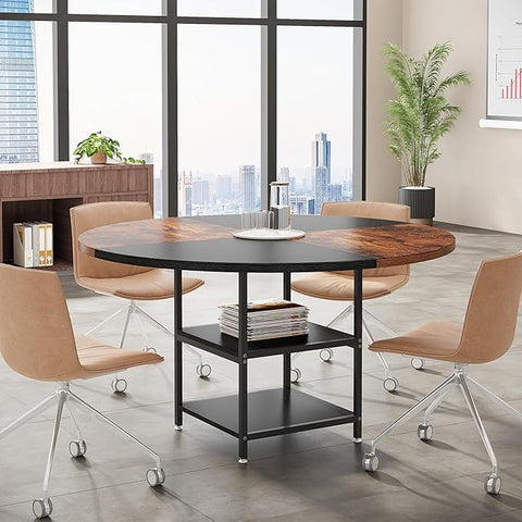Round Conference Table – Modern Office Meeting Table for 4–6 People with Storage Shelf & Sturdy Metal Legs
