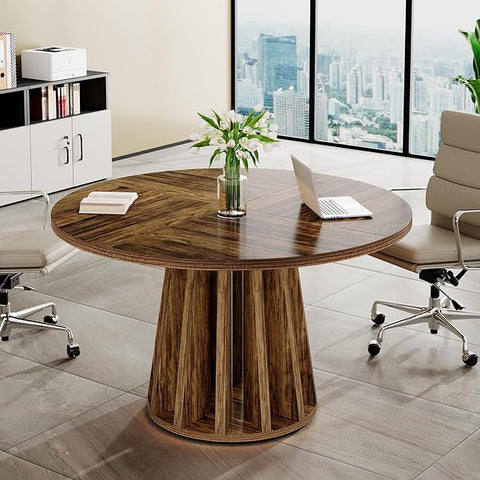 OfficeIn 47" Farmhouse Round Conference Table – Rustic Meeting Table for 4-6 People