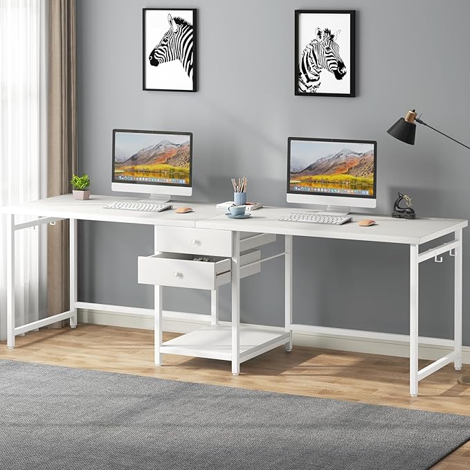 OfficeIn 79” Extra Long Double Desk – Two-Person Computer Desk with 2 Drawers & Storage Shelves, Spacious Workstation for Home Office & Study (White)