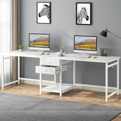 OfficeIn 79” Extra Long Double Desk – Two-Person Computer Desk with 2 Drawers & Storage Shelves, Spacious Workstation for Home Office & Study (White)