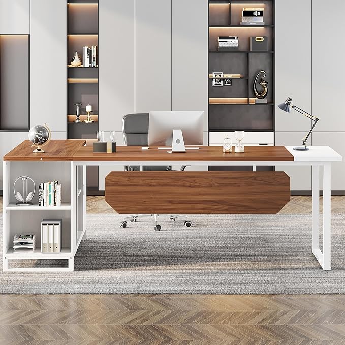 OfficeIn 70.8" L-Shaped Executive Desk with 55" File Cabinet – Modern Walnut & White Home Office Desk with Storage