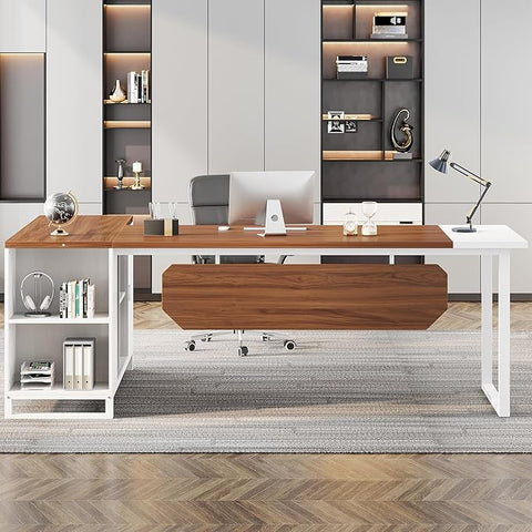 OfficeIn 70.8" L-Shaped Executive Desk with 55" File Cabinet – Modern Walnut & White Home Office Desk with Storage