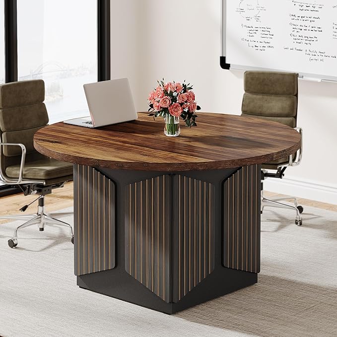 OfficeIn 47" Round Conference Table – Modern Meeting Table for 4, Small Business & Office Use (Brown & Black)