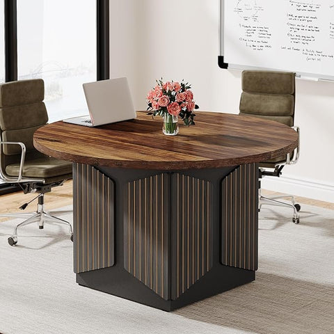 OfficeIn 47" Round Conference Table – Modern Meeting Table for 4, Small Business & Office Use (Brown & Black)