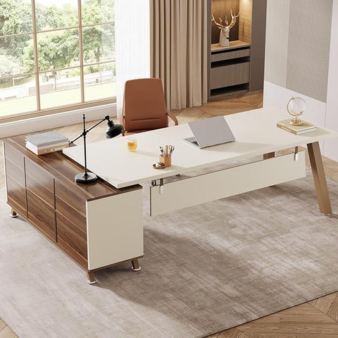 OfficeIn 71” L-Shaped Executive Desk with 55” Cabinet – Large Office Desk with Storage Shelves, Modern Computer Desk for Home Office, Walnut & White