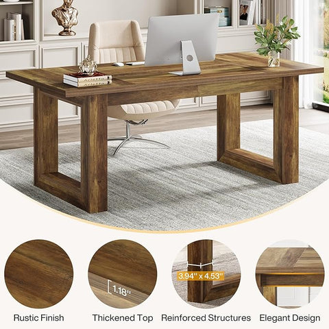 OfficeIn 63” Executive Computer Desk – Large Modern Home Office Desk with Solid Wooden Base, Simple Writing Table & Workstation, Rustic Brown
