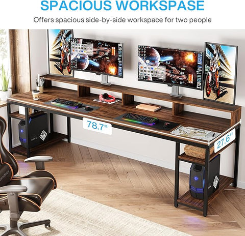 OfficeIn 2-Person Desk – 78.74" Double Workstation with Monitor Stand & Storage Shelves