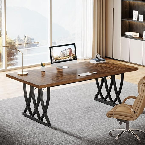 OfficeIn 70.86" Executive Desk – Large Home Office Workstation with Sturdy Metal Frame, Retro Brown & Black