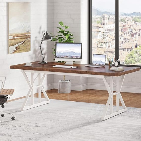 OfficeIn 70.8" Executive Desk – Large Modern Office Workstation (Brown/White)