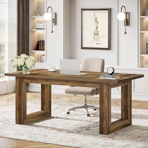 OfficeIn 63” Executive Computer Desk – Large Modern Home Office Desk with Solid Wooden Base, Simple Writing Table & Workstation, Rustic Brown