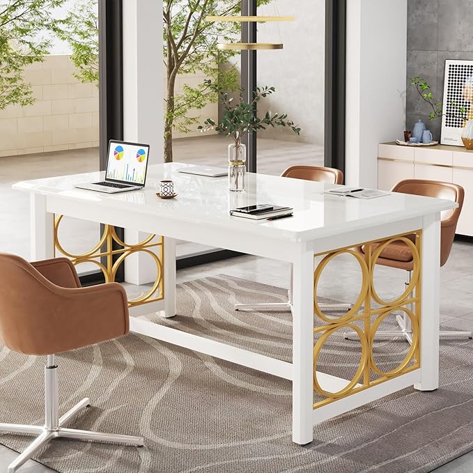OfficeIn 63" Conference Table – Rectangular Meeting Table with Sturdy Gold Legs & Glossy Surface, Seminar Table for Office & Conference Room, White & Gold