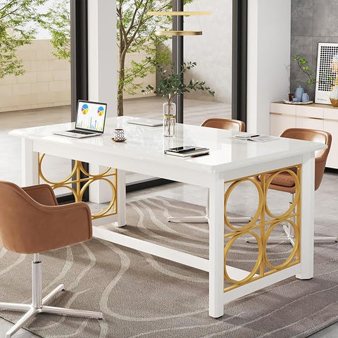 OfficeIn 63" Conference Table – Rectangular Meeting Table with Sturdy Gold Legs & Glossy Surface, Seminar Table for Office & Conference Room, White & Gold