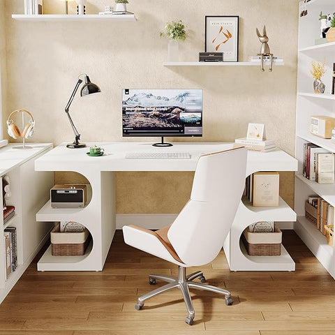 OfficeIn 62” Executive Desk – Large Home Office Computer Desk with Storage Shelves, Modern Workstation & Study Table, White