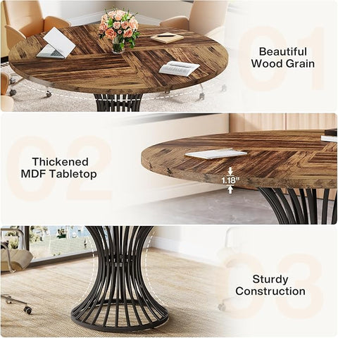 Round Conference Table – Industrial Office Meeting Table for 4–6 People with Rustic Wood Top & Metal Base