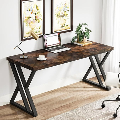 OfficeIn 55” Writing Desk – Heavy-Duty Computer Desk with Z-Shaped Metal Legs, Modern Home Office Study Table, Rustic Brown