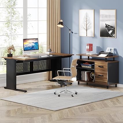 OfficeIn 63" L-Shaped Executive Desk with File Cabinet – Brown & Black Office Workstation