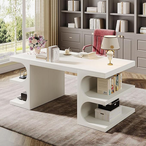 OfficeIn 62” Executive Desk – Large Home Office Computer Desk with Storage Shelves, Modern Workstation & Study Table, White