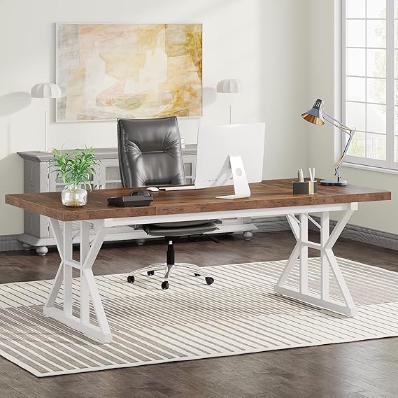 OfficeIn 70.8" Executive Desk – Large Modern Office Workstation (Brown/White)
