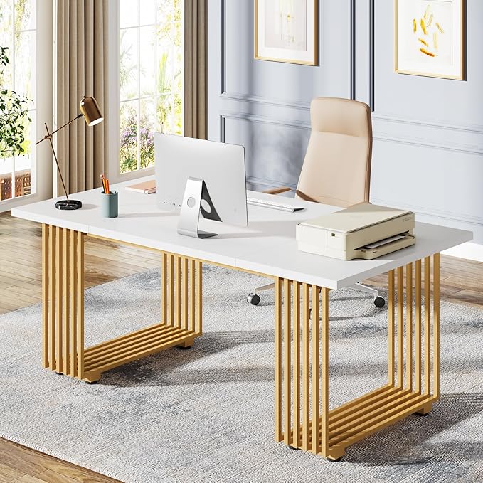 OfficeIn 70.9” Modern Executive Desk – White Computer Desk with Gold Metal Legs, Large Home Office Workstation, Study Writing Table, Small Conference Table