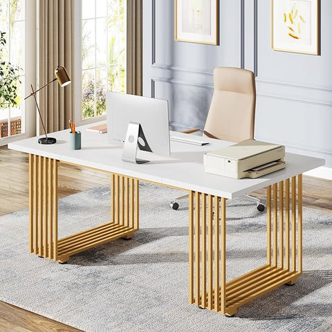 OfficeIn 70.9” Modern Executive Desk – White Computer Desk with Gold Metal Legs, Large Home Office Workstation, Study Writing Table, Small Conference Table
