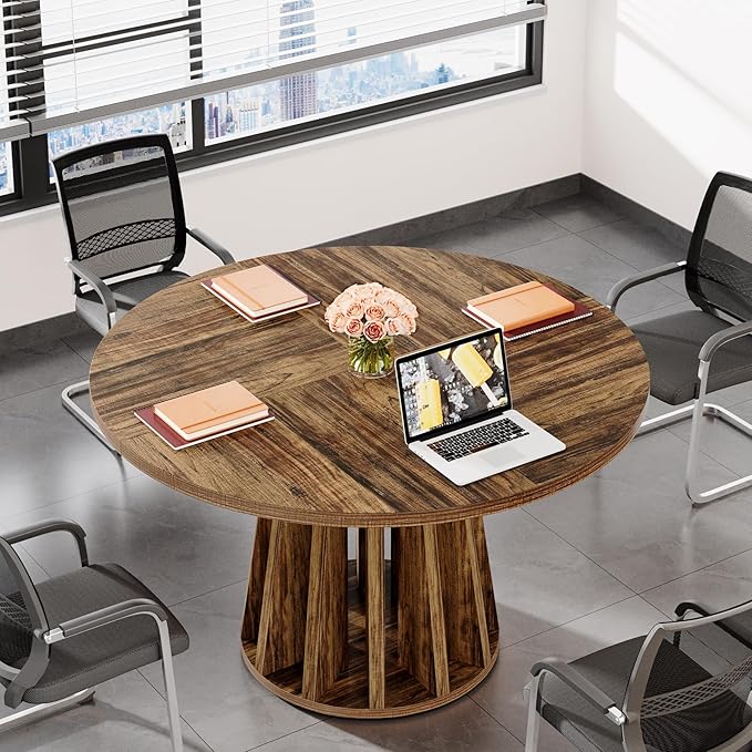 OfficeIn 47" Farmhouse Round Conference Table – Rustic Meeting Table for 4-6 People