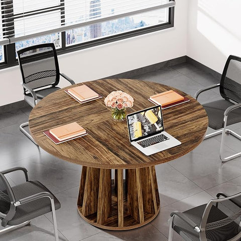 OfficeIn 47" Farmhouse Round Conference Table – Rustic Meeting Table for 4-6 People