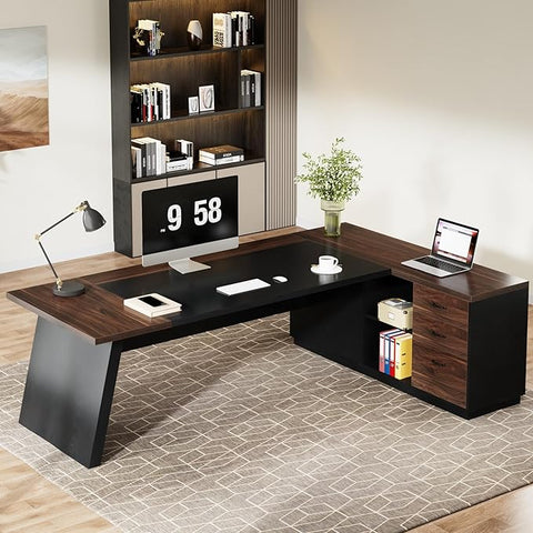 OfficeIn 78" L-Shaped Executive Desk – Large Office Desk with Drawers, File Cabinet & Storage, Walnut & Black