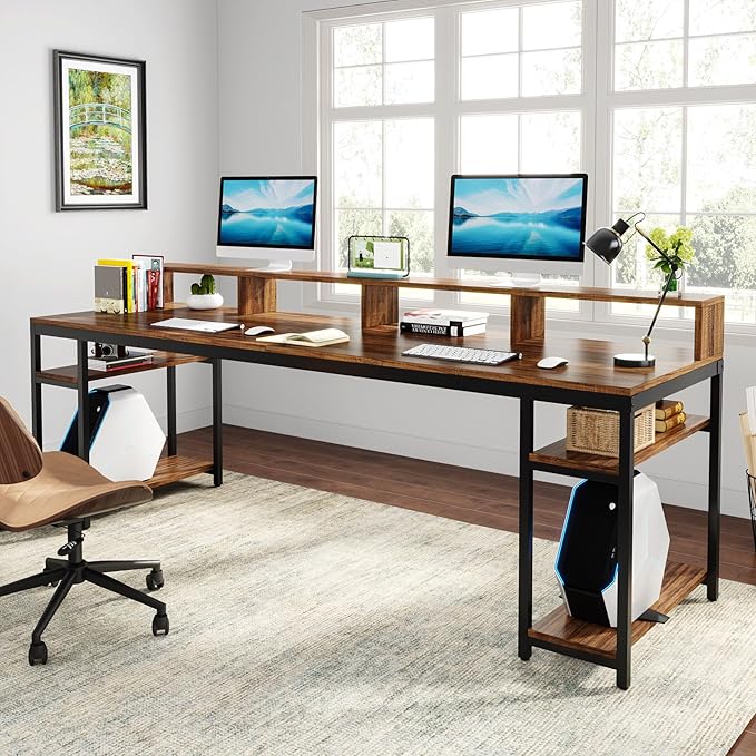 OfficeIn 2-Person Desk – 78.74" Double Workstation with Monitor Stand & Storage Shelves