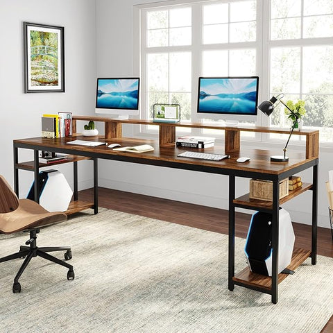 OfficeIn 2-Person Desk – 78.74" Double Workstation with Monitor Stand & Storage Shelves