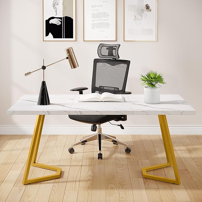 OfficeIn 55” Modern Gold Computer Desk – White & Gold Home Office Desk with Metal Legs, Faux Marble Writing Table for Small Spaces & Bedroom