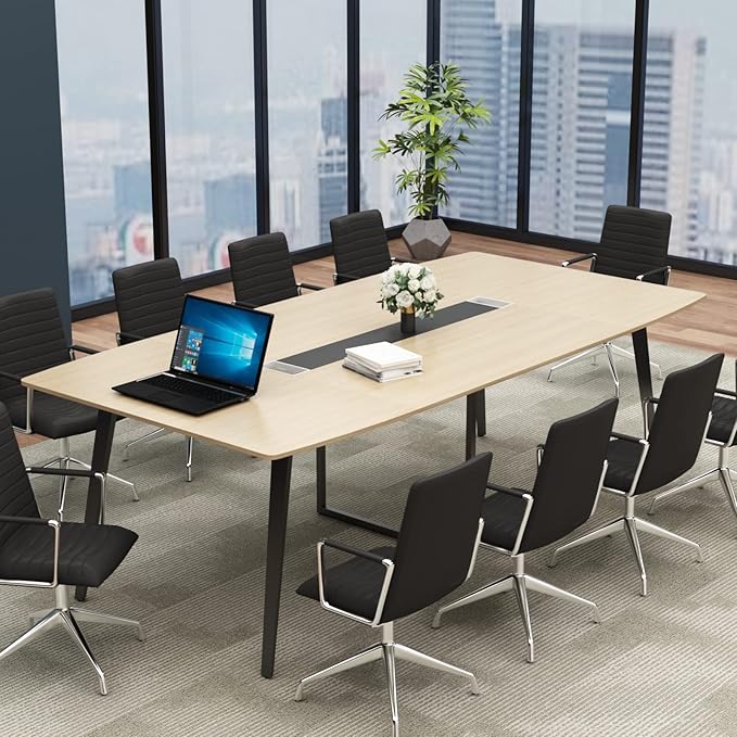 Boat-Shaped Conference Table – Large Office Meeting Table with Grommet, Executive Boardroom Desk with Elegant Design
