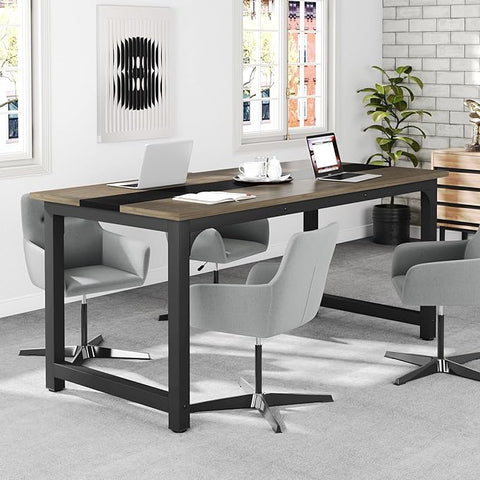 OfficeIn 70.8” Executive Desk – Large Home Office Workstation, Thick Frame, Vintage Grey/Black